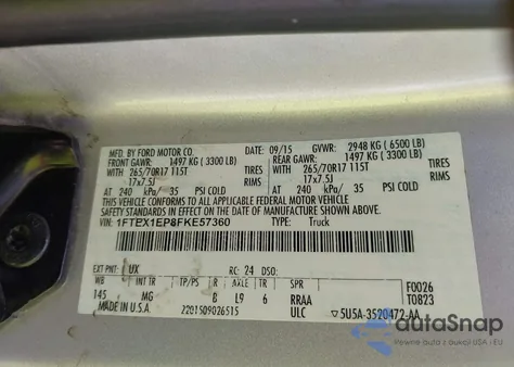 2015 Ford F-150 Xlt z USA, uszkodzony, nr VIN 1FTEX1EP8FKE57360